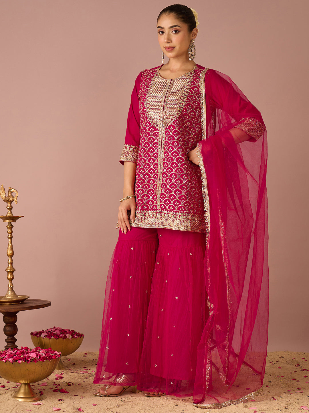 Janasya Women's Pink Chanderi Silk Floral Sequins and Zari Embroidered Straight Kurta with Sharara and Dupatta Set