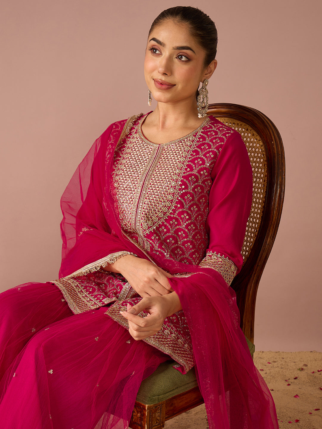 Janasya Women's Pink Chanderi Silk Floral Sequins and Zari Embroidered Straight Kurta with Sharara and Dupatta Set