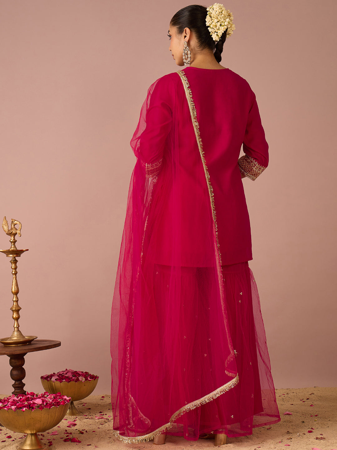 Janasya Women's Pink Chanderi Silk Floral Sequins and Zari Embroidered Straight Kurta with Sharara and Dupatta Set
