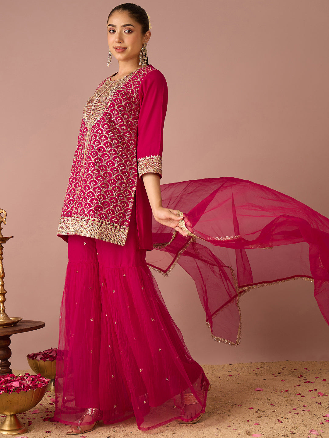 Janasya Women's Pink Chanderi Silk Floral Sequins and Zari Embroidered Straight Kurta with Sharara and Dupatta Set