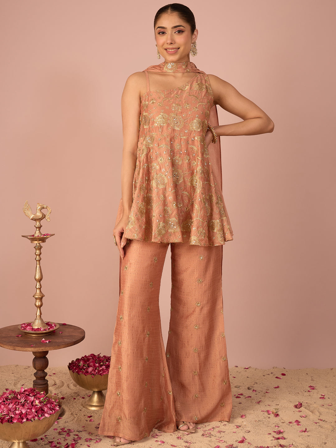 Janasya Women's Peach Silk Blend Floral Zari Embroidered Sequinned Peplum Top with Pant & Choker Dupatta Set