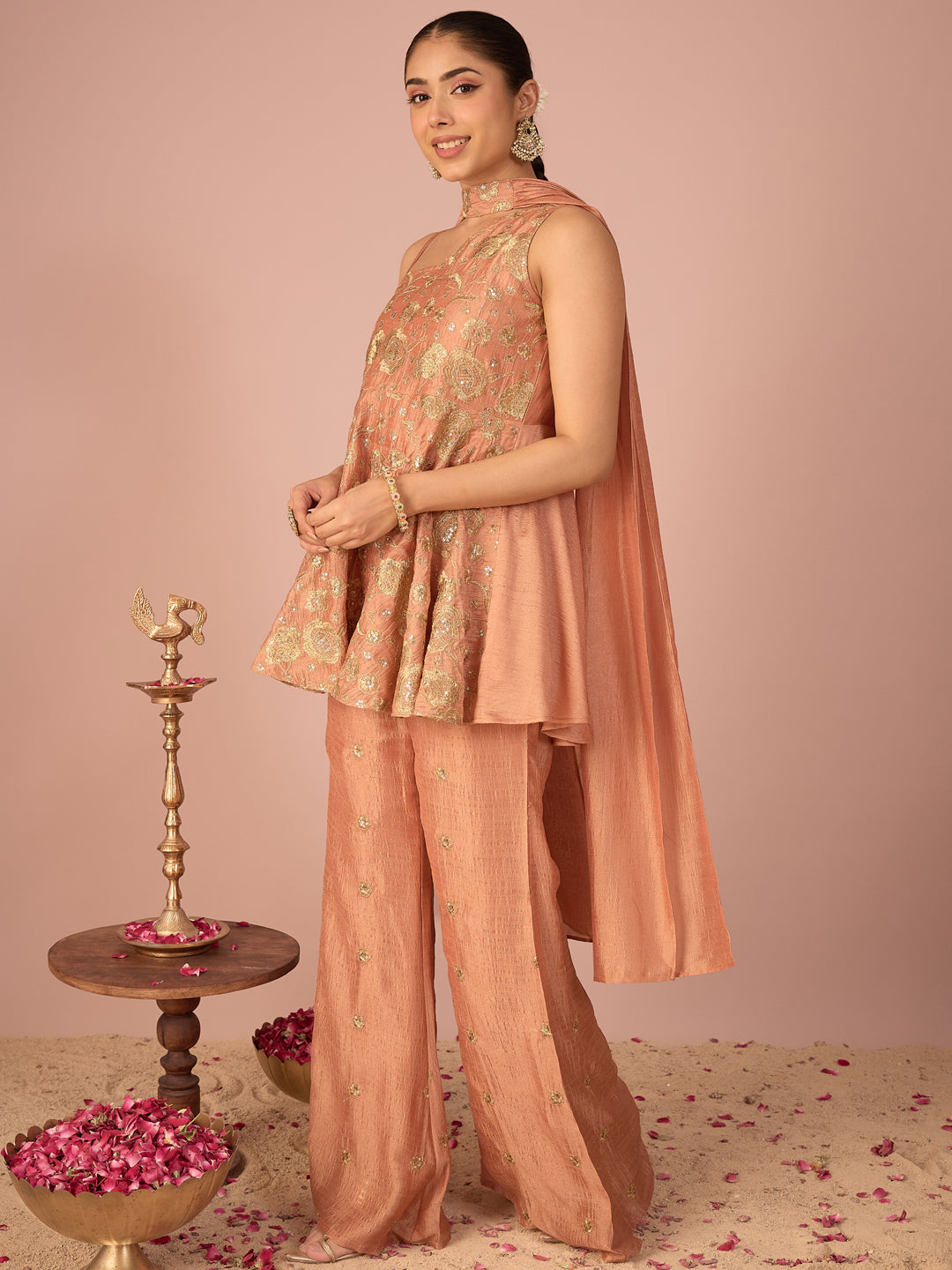 Janasya Women's Peach Silk Blend Floral Zari Embroidered Sequinned Peplum Top with Pant & Choker Dupatta Set