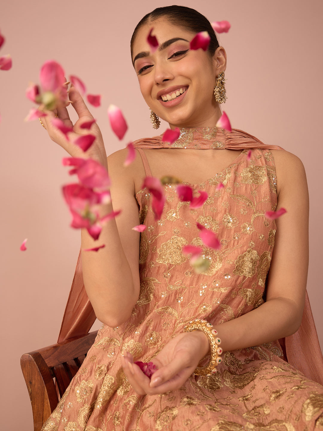 Janasya Women's Peach Silk Blend Floral Zari Embroidered Sequinned Peplum Top with Pant & Choker Dupatta Set