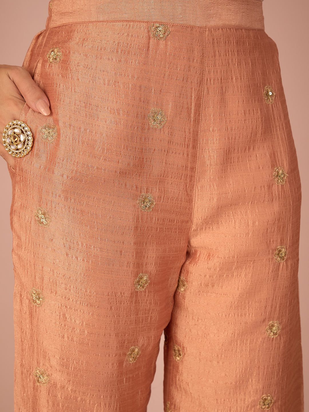 Janasya Women's Peach Silk Blend Floral Zari Embroidered Sequinned Peplum Top with Pant & Choker Dupatta Set