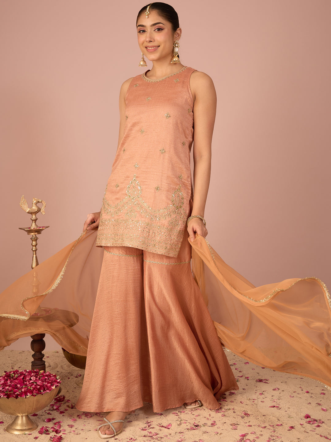 Janasya Women's Peach Silk Blend Floral Sequins and Zari Embroidered Straight Kurta with Sharara and Dupatta Set