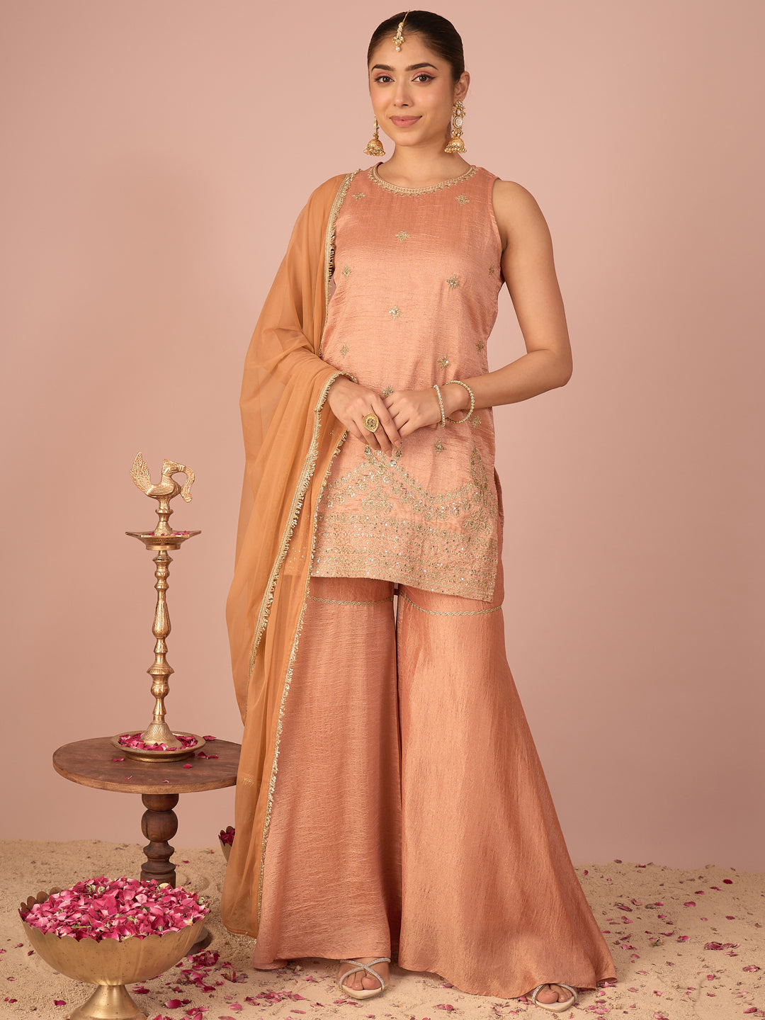 Janasya Women's Peach Silk Blend Floral Sequins and Zari Embroidered Straight Kurta with Sharara and Dupatta Set