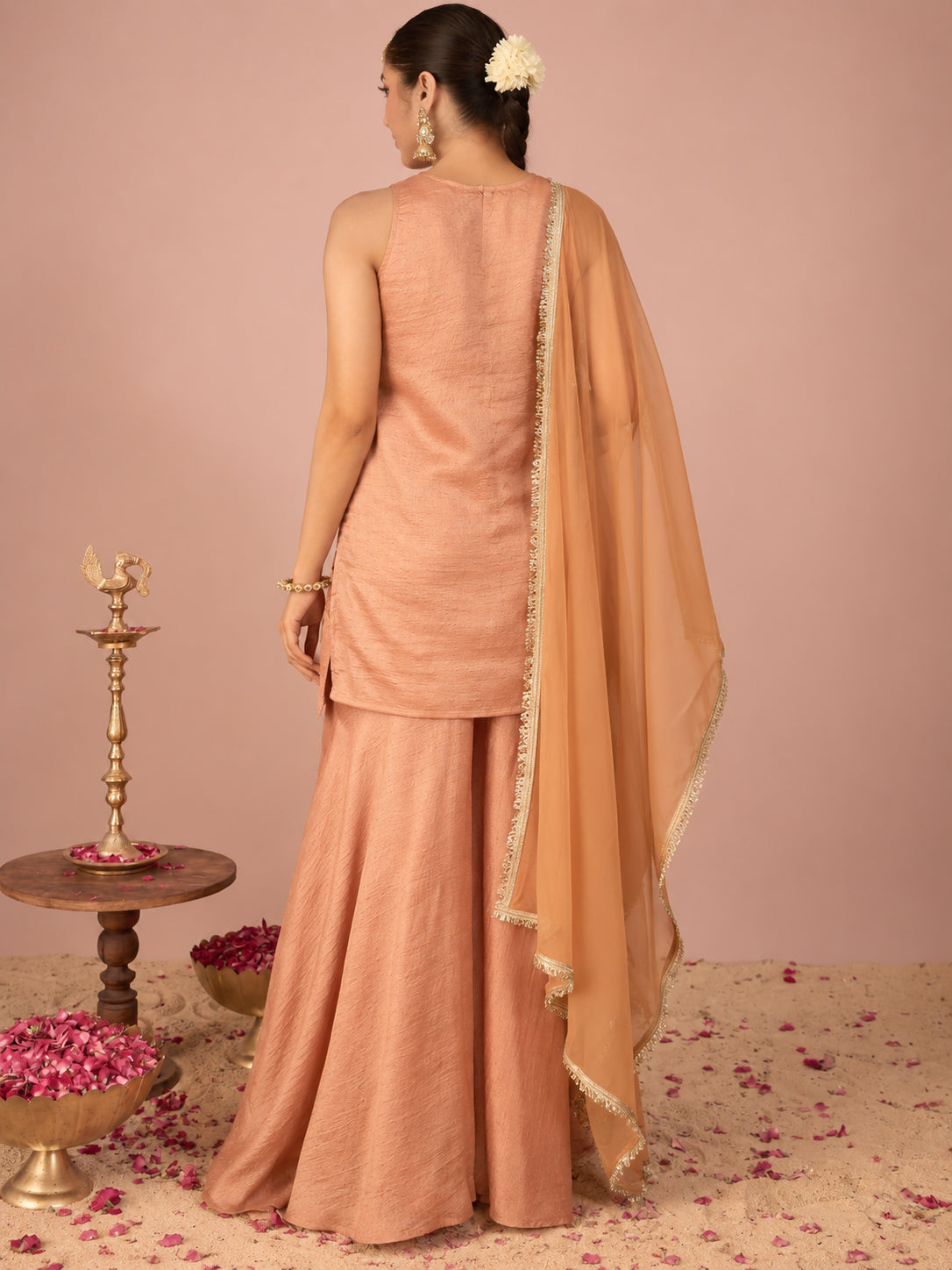 Janasya Women's Peach Silk Blend Floral Sequins and Zari Embroidered Straight Kurta with Sharara and Dupatta Set