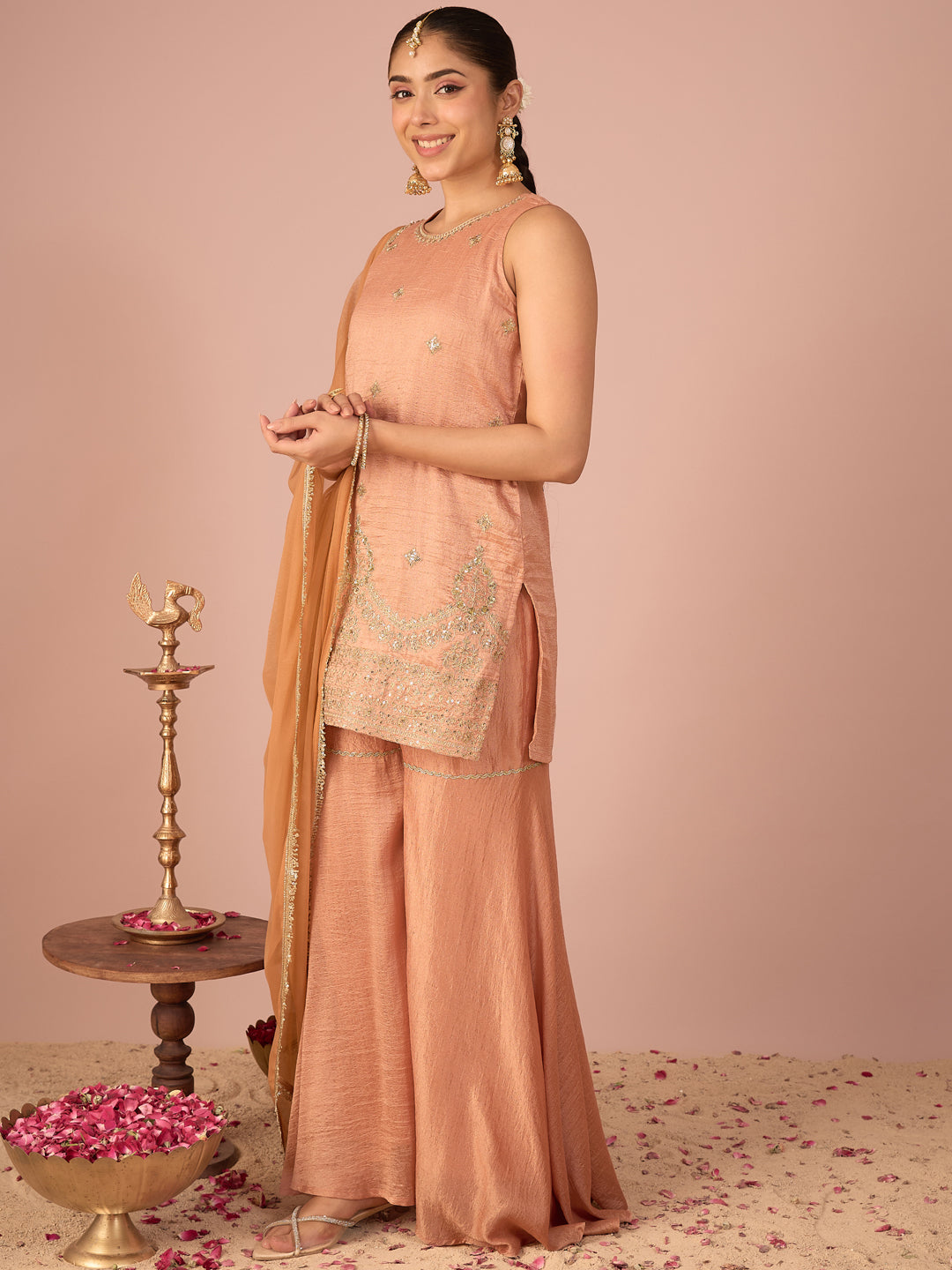 Janasya Women's Peach Silk Blend Floral Sequins and Zari Embroidered Straight Kurta with Sharara and Dupatta Set