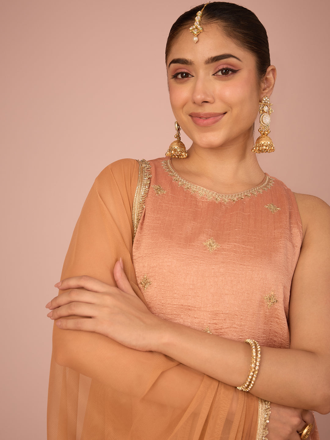 Janasya Women's Peach Silk Blend Floral Sequins and Zari Embroidered Straight Kurta with Sharara and Dupatta Set