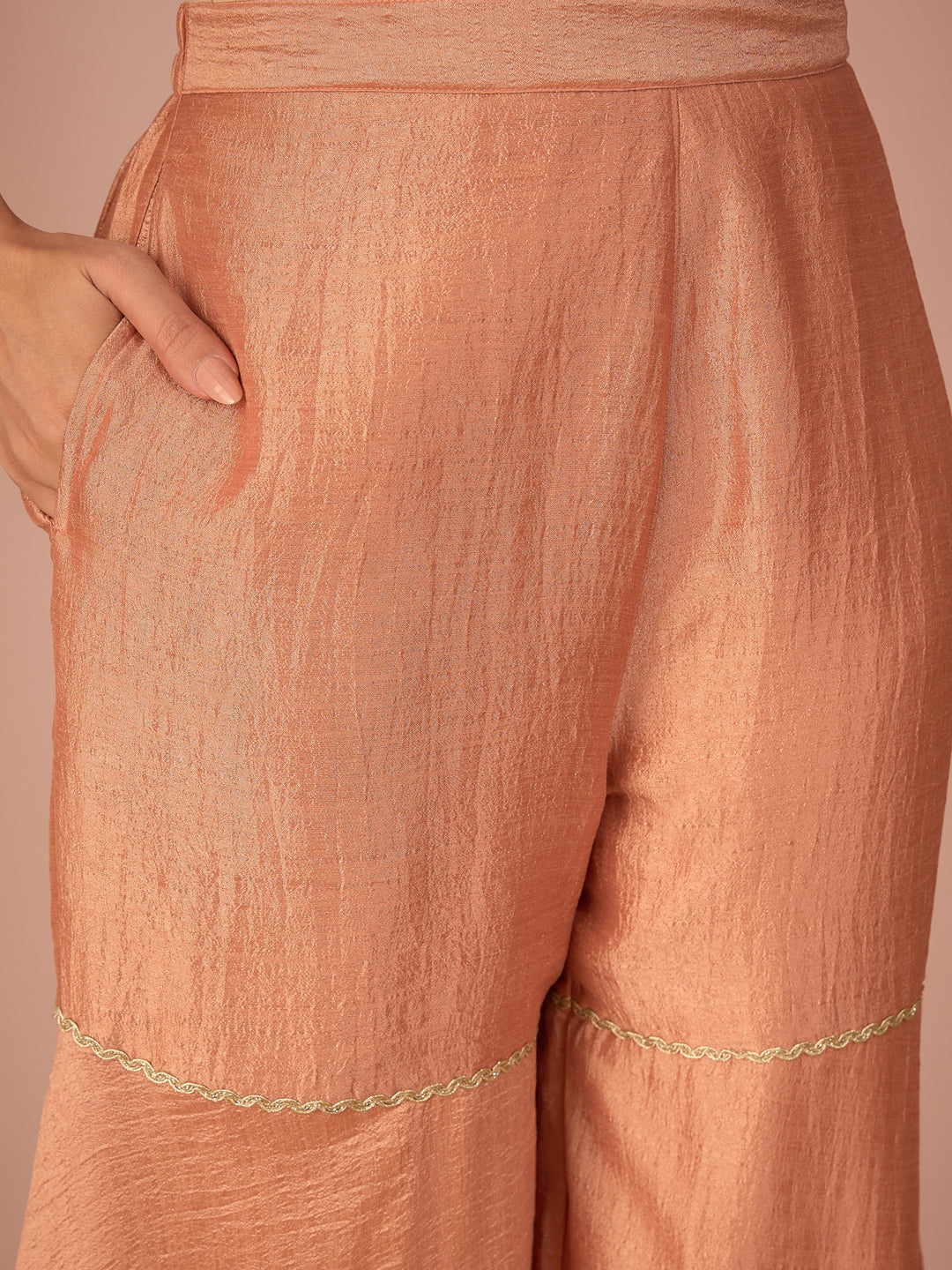 Janasya Women's Peach Silk Blend Floral Sequins and Zari Embroidered Straight Kurta with Sharara and Dupatta Set