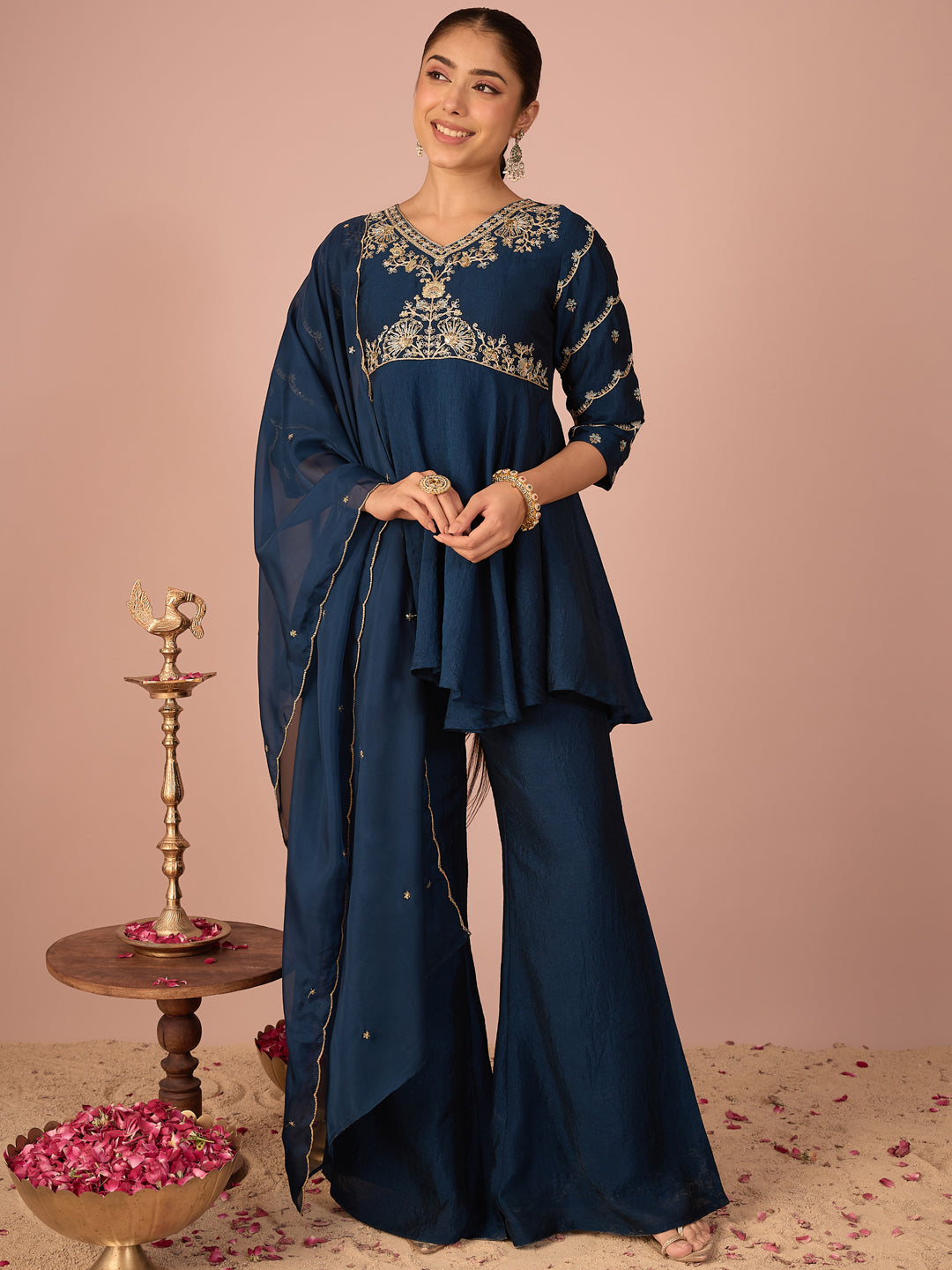 Janasya Women's Teal Blue Silk Blend Floral Zari Embroidered Peplum Kurti with Pant & Dupatta Set