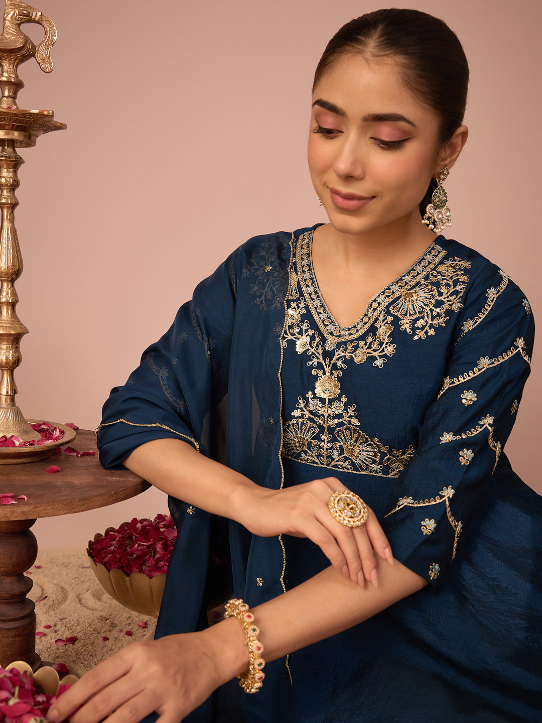 Janasya Women's Teal Blue Silk Blend Floral Zari Embroidered Peplum Kurti with Pant & Dupatta Set