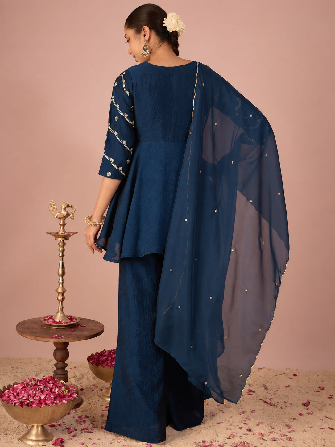 Janasya Women's Teal Blue Silk Blend Floral Zari Embroidered Peplum Kurti with Pant & Dupatta Set