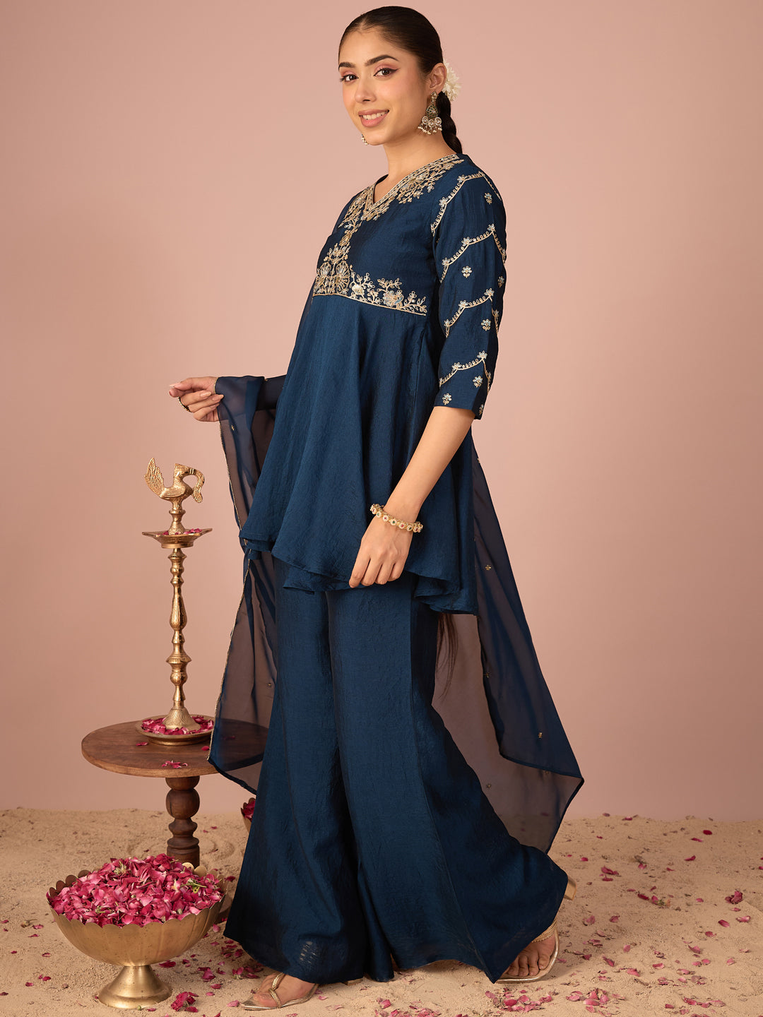 Janasya Women's Teal Blue Silk Blend Floral Zari Embroidered Peplum Kurti with Pant & Dupatta Set