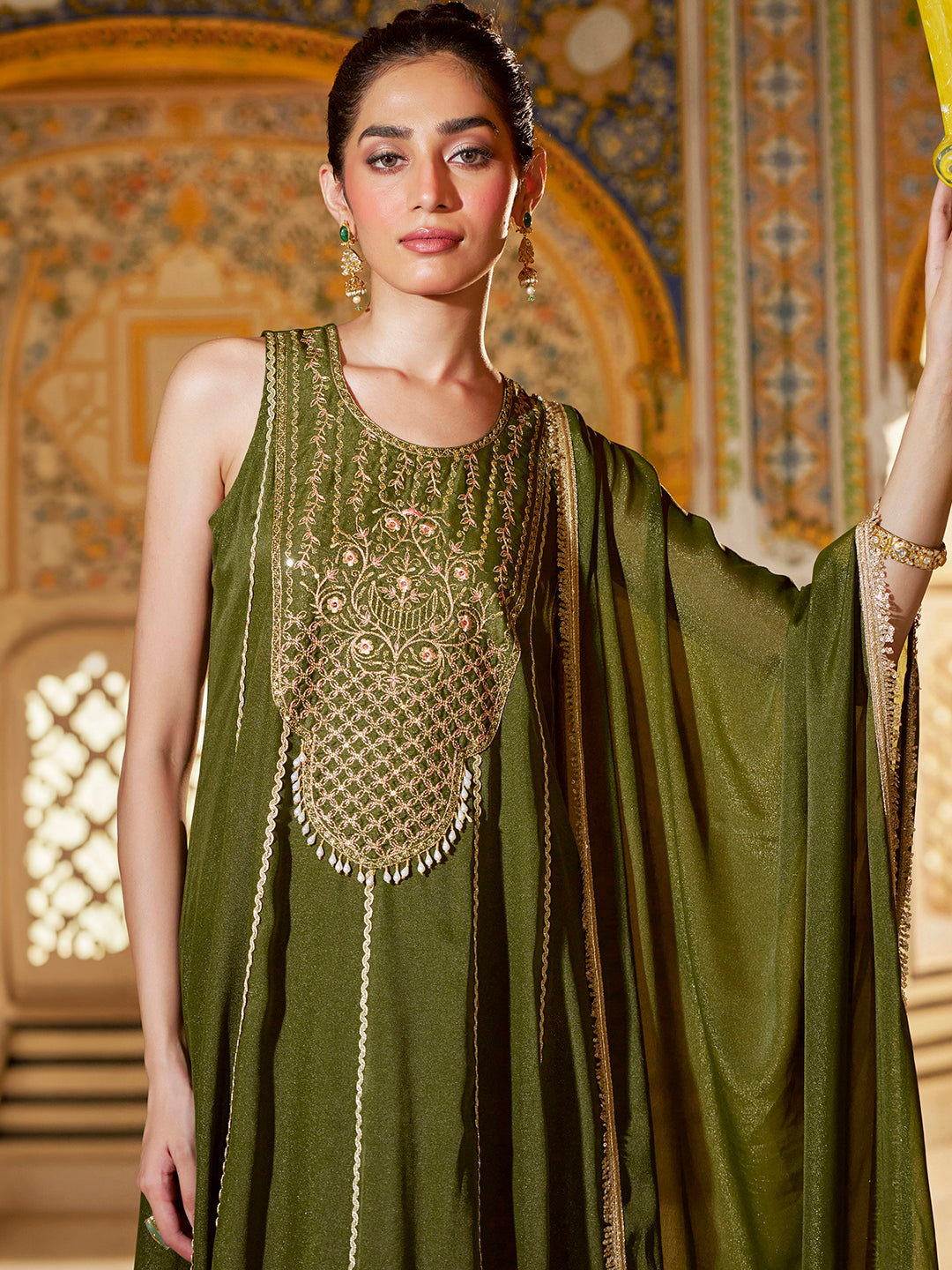 Janasya Women's Olive Green Georgette Floral Embroidered Anarkali Kurta Set