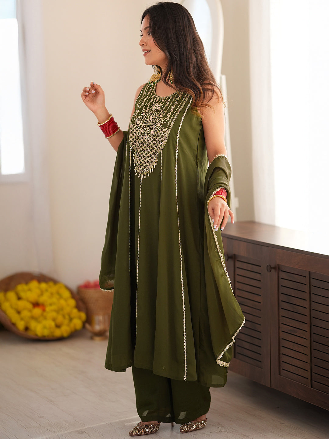 Janasya Women's Olive Green Georgette Floral Embroidered Anarkali Kurta Set