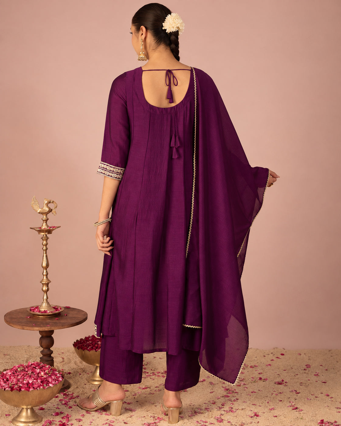 Janasya Women's Purple Silk Blend Floral Zari Embroidered Anarkali Kurta Set
