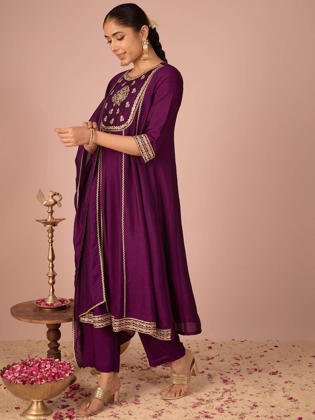 Janasya Women's Purple Silk Blend Floral Zari Embroidered Anarkali Kurta Set
