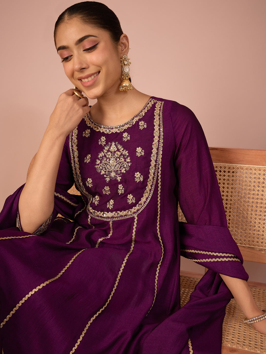 Janasya Women's Purple Silk Blend Floral Zari Embroidered Anarkali Kurta Set