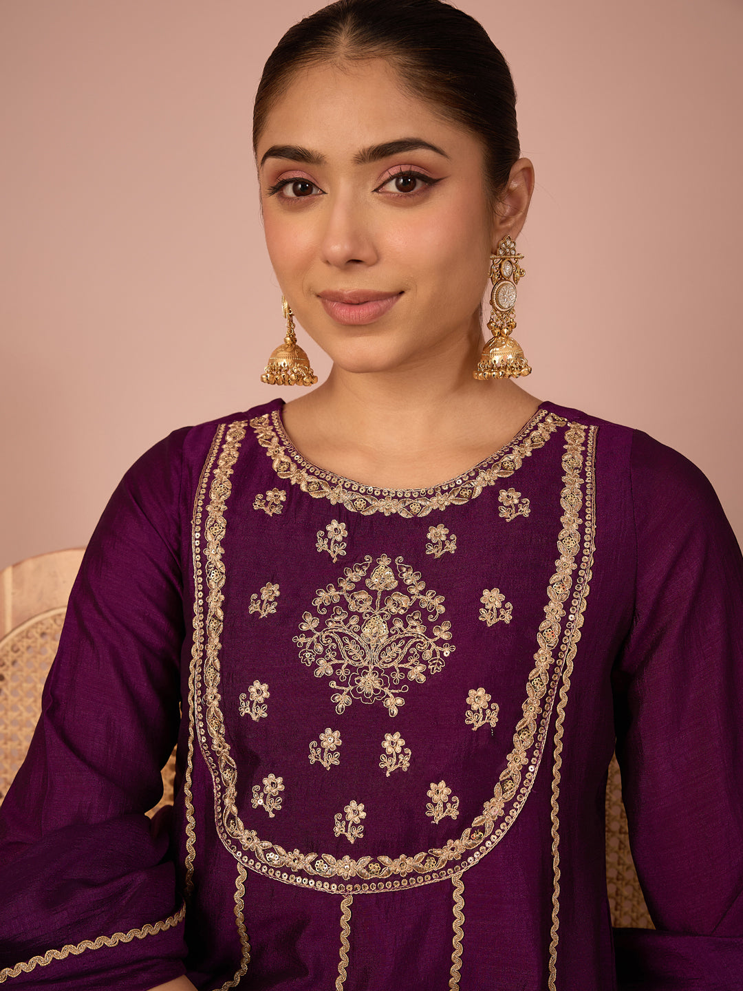 Janasya Women's Purple Silk Blend Floral Zari Embroidered Anarkali Kurta Set