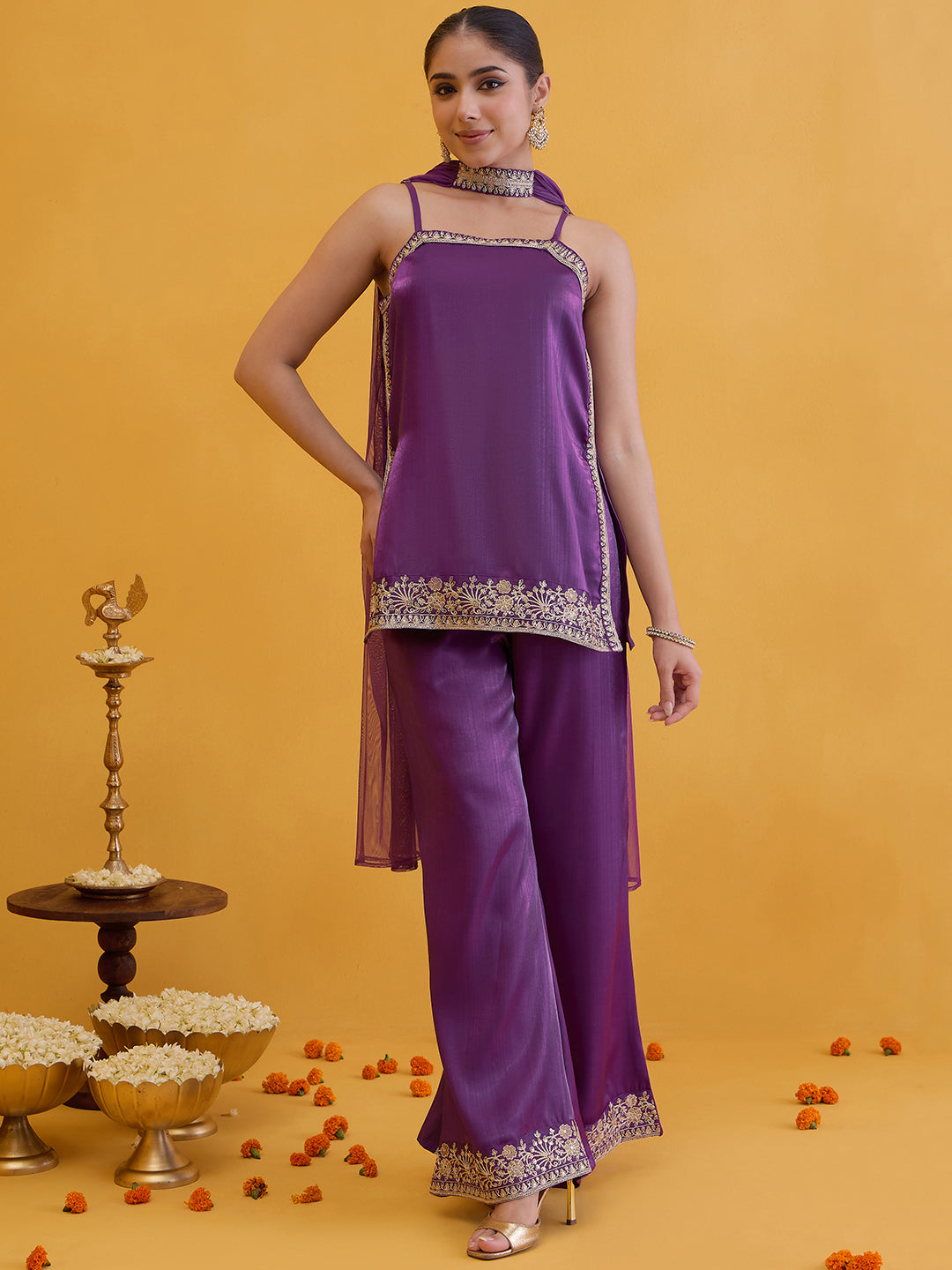 Janasya Women's Purple Silk Blend Floral Zari Embroidered Straight Kurta Set with Choker Dupatta