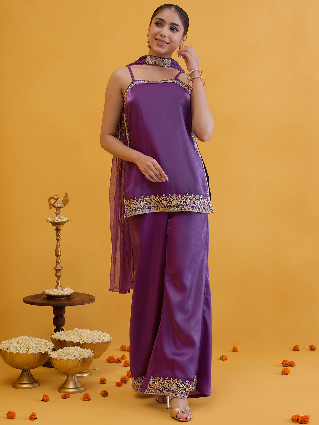 Janasya Women's Purple Silk Blend Floral Zari Embroidered Straight Kurta Set with Choker Dupatta