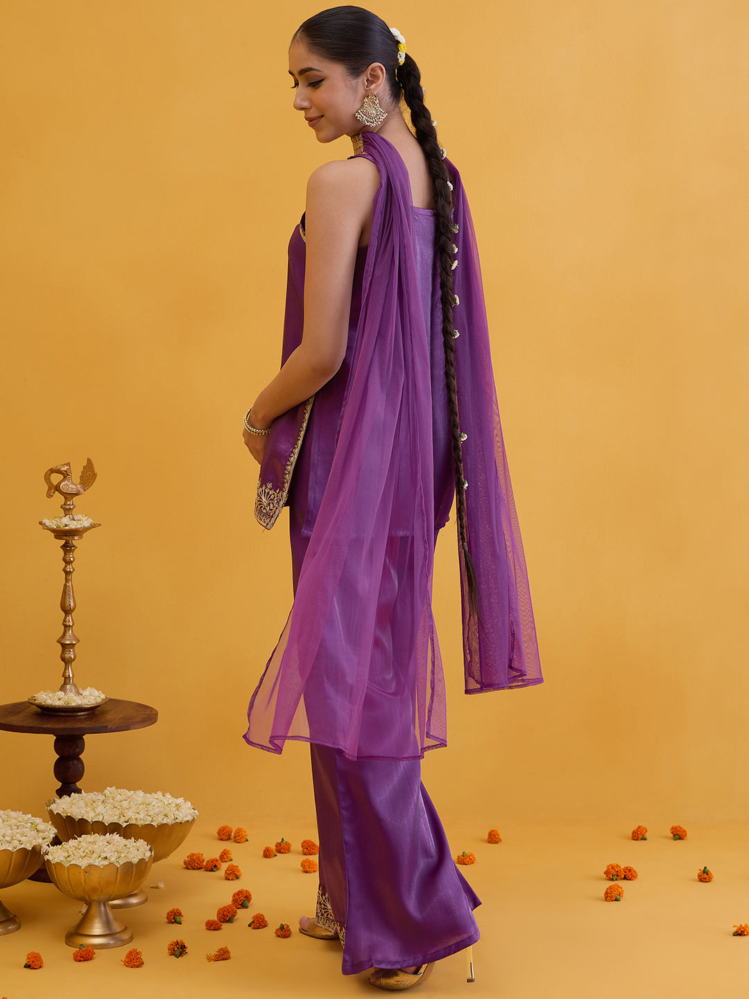 Janasya Women's Purple Silk Blend Floral Zari Embroidered Straight Kurta Set with Choker Dupatta