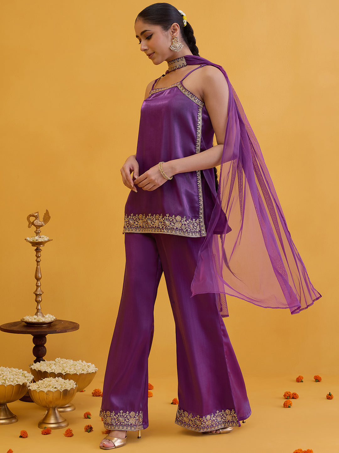 Janasya Women's Purple Silk Blend Floral Zari Embroidered Straight Kurta Set with Choker Dupatta
