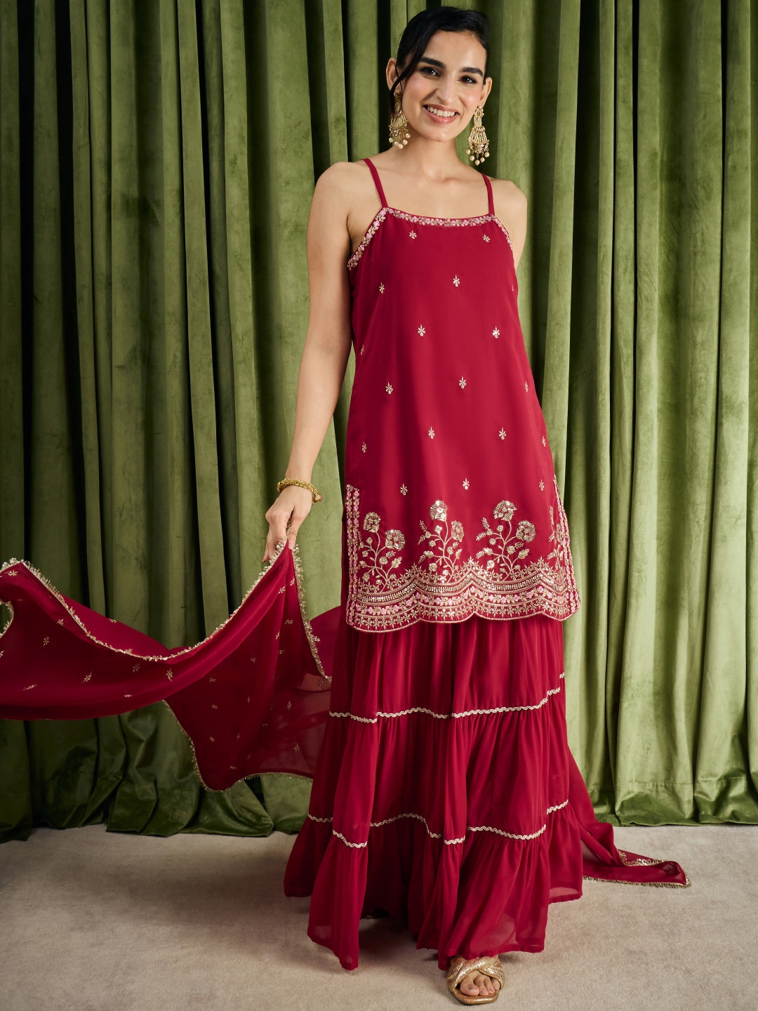Janasya Women's Maroon Georgette Floral Zari Embroidered Straight Kurta with Sharara And Dupatta Set