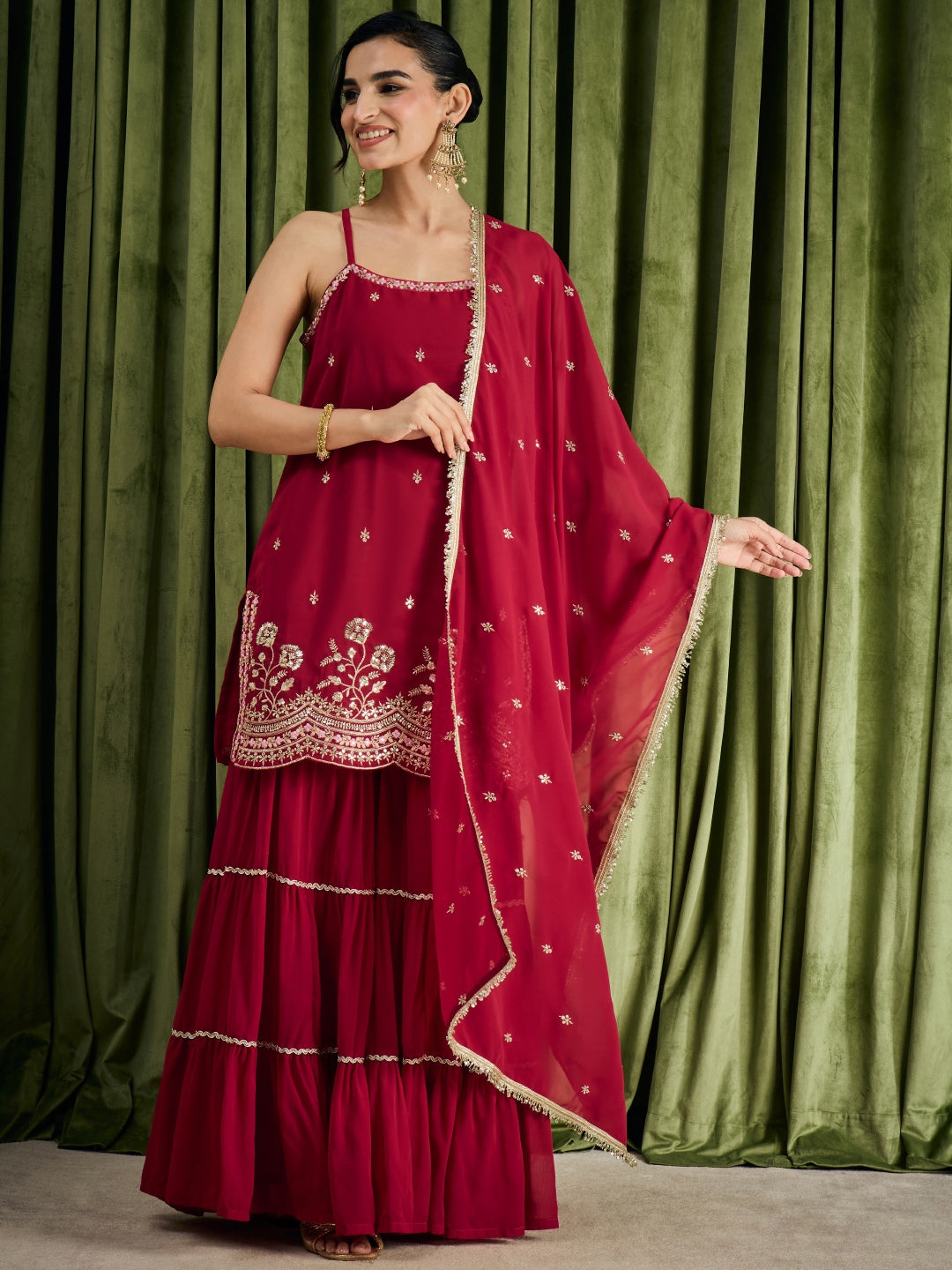 Janasya Women's Maroon Georgette Floral Zari Embroidered Straight Kurta with Sharara And Dupatta Set