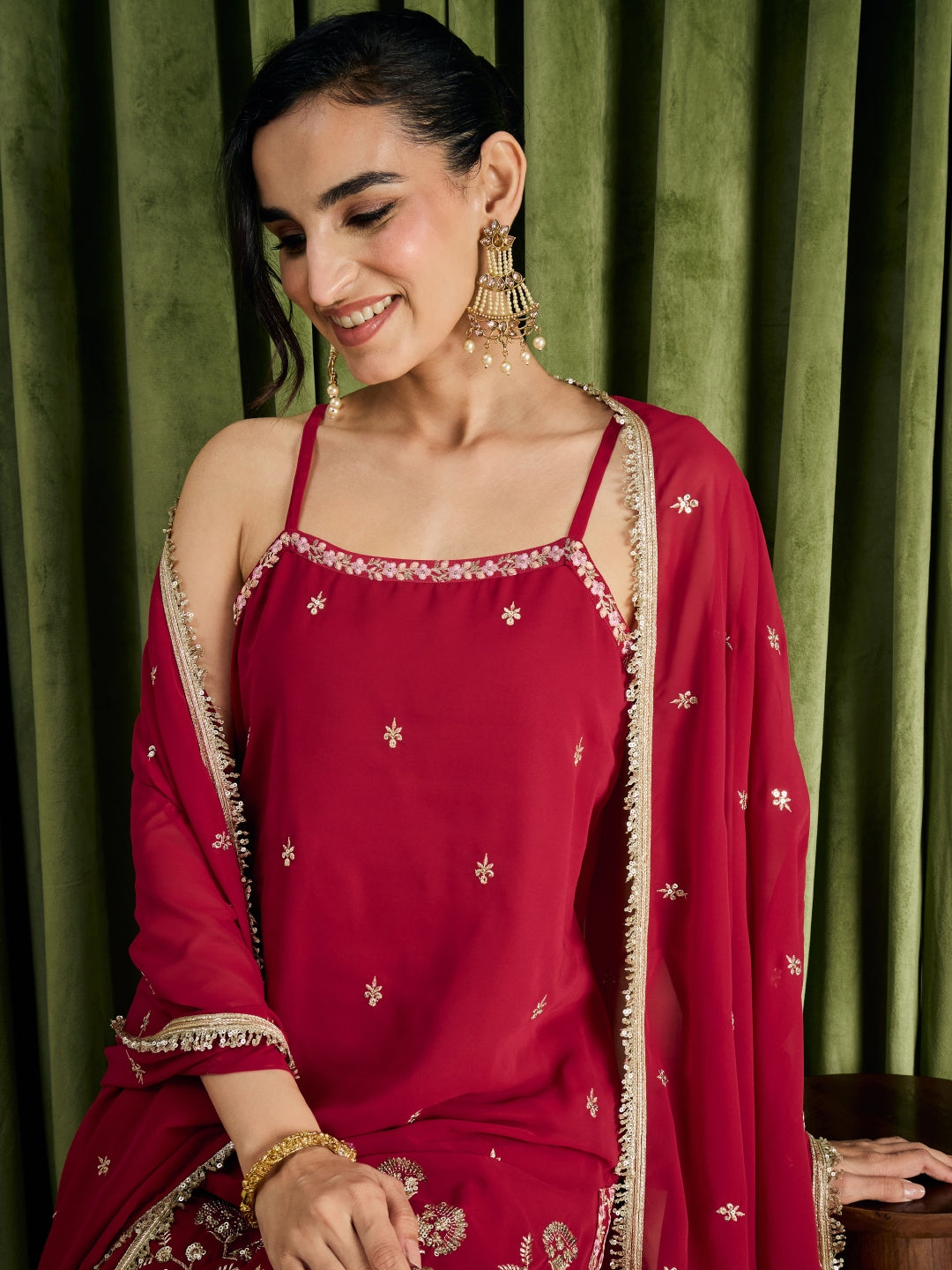 Janasya Women's Maroon Georgette Floral Zari Embroidered Straight Kurta with Sharara And Dupatta Set