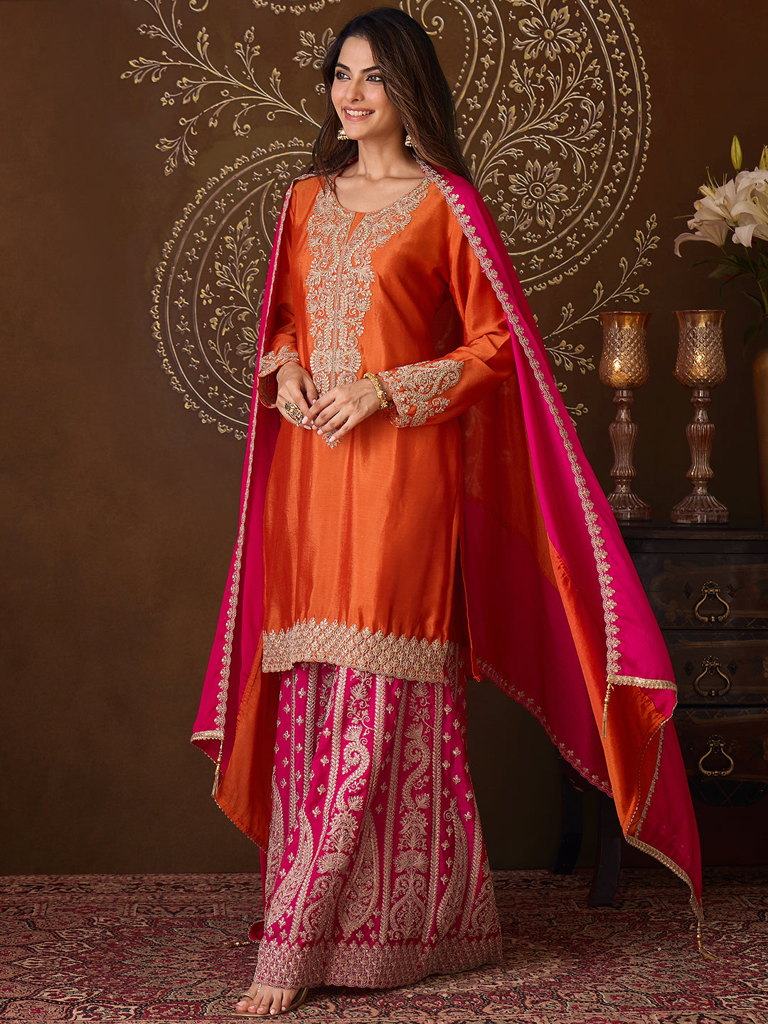Janasya Women's Orange Silk Blend Floral Zari Embroidered Straight Kurta and Sharara Set with Dupatta