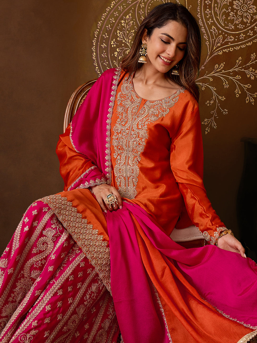 Janasya Women's Orange Silk Blend Floral Zari Embroidered Straight Kurta and Sharara Set with Dupatta