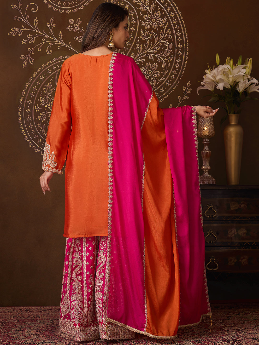 Janasya Women's Orange Silk Blend Floral Zari Embroidered Straight Kurta and Sharara Set with Dupatta