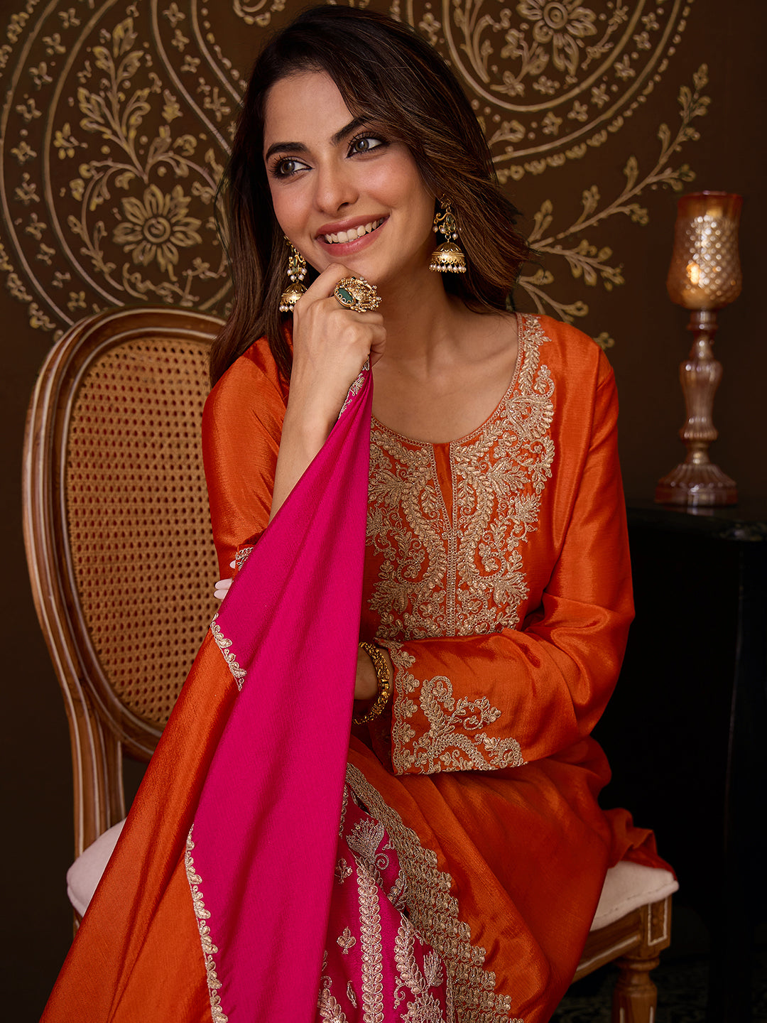Janasya Women's Orange Silk Blend Floral Zari Embroidered Straight Kurta and Sharara Set with Dupatta