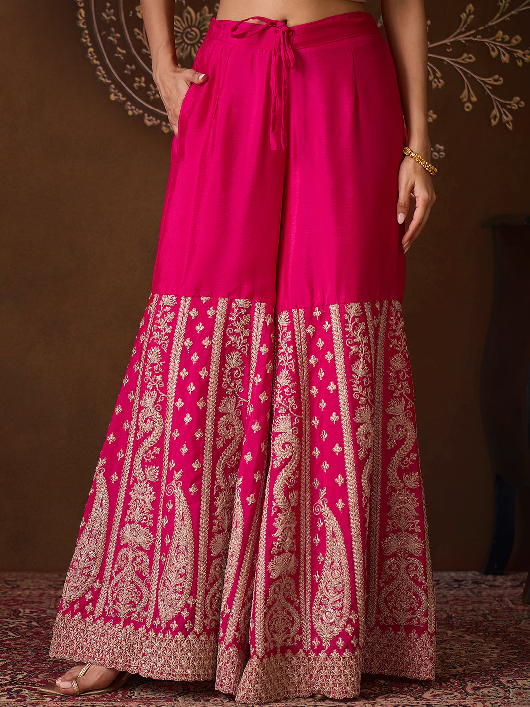 Janasya Women's Orange Silk Blend Floral Zari Embroidered Straight Kurta and Sharara Set with Dupatta