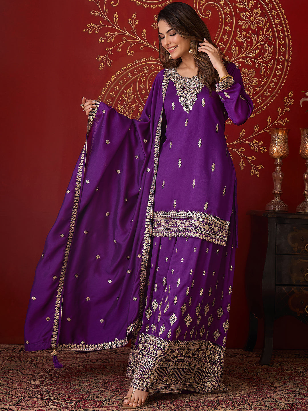Janasya Women's Purple Silk Blend Floral Zari Embroidered Straight Kurta and Sharara Set with Dupatta