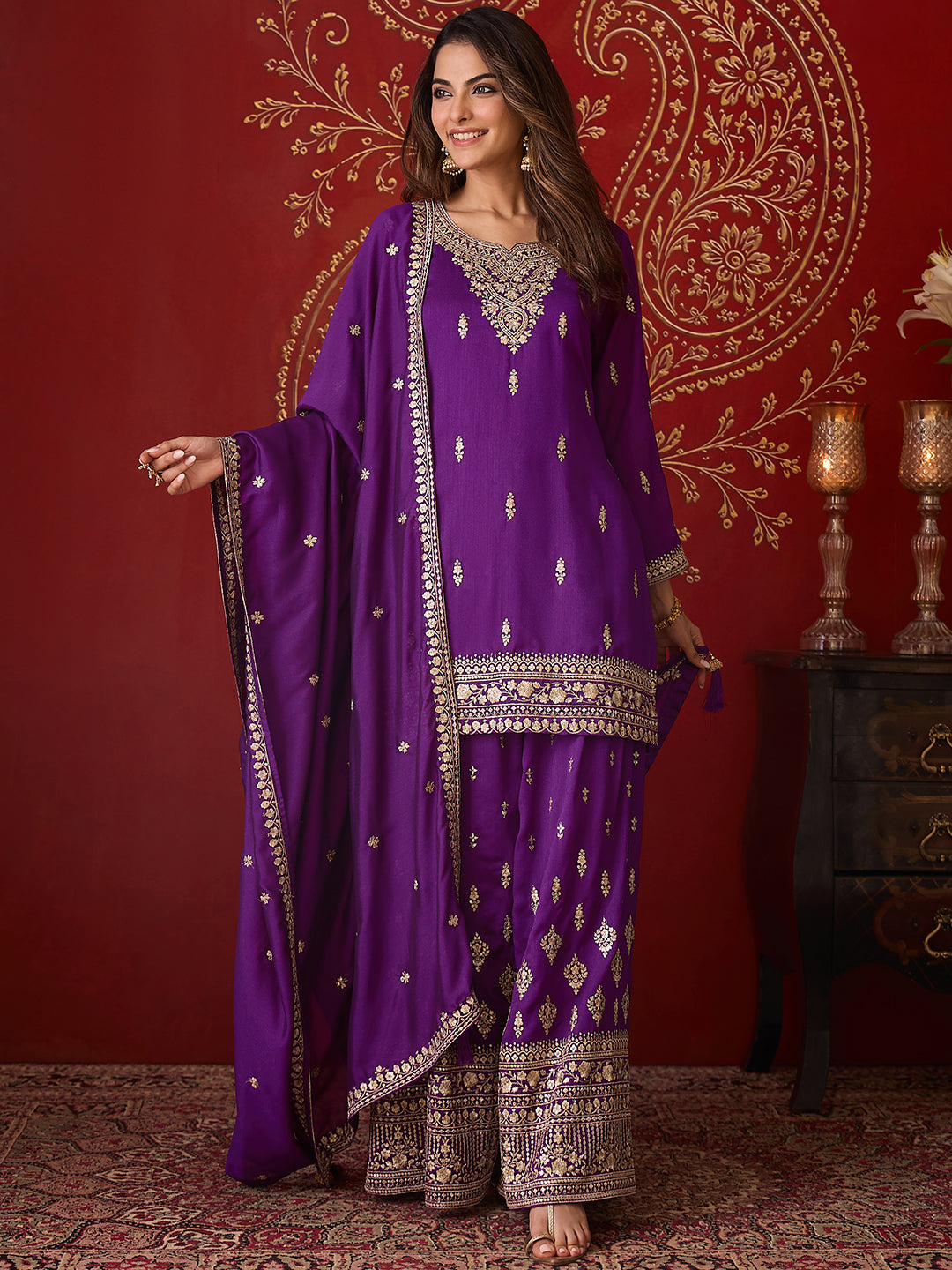 Janasya Women's Purple Silk Blend Floral Zari Embroidered Straight Kurta and Sharara Set with Dupatta