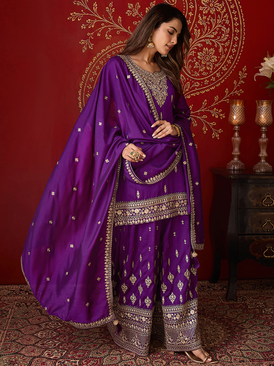 Janasya Women's Purple Silk Blend Floral Zari Embroidered Straight Kurta and Sharara Set with Dupatta