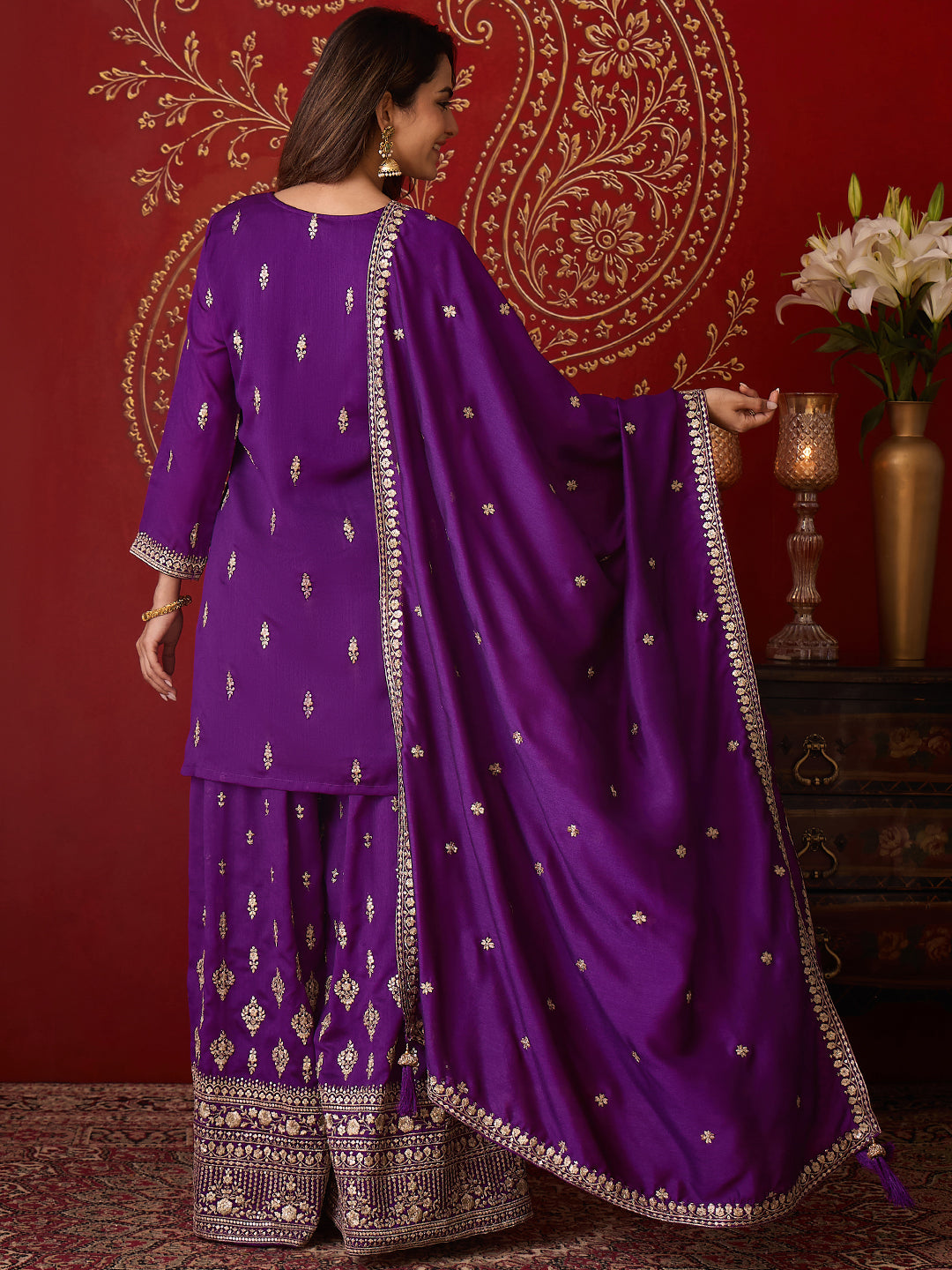 Janasya Women's Purple Silk Blend Floral Zari Embroidered Straight Kurta and Sharara Set with Dupatta