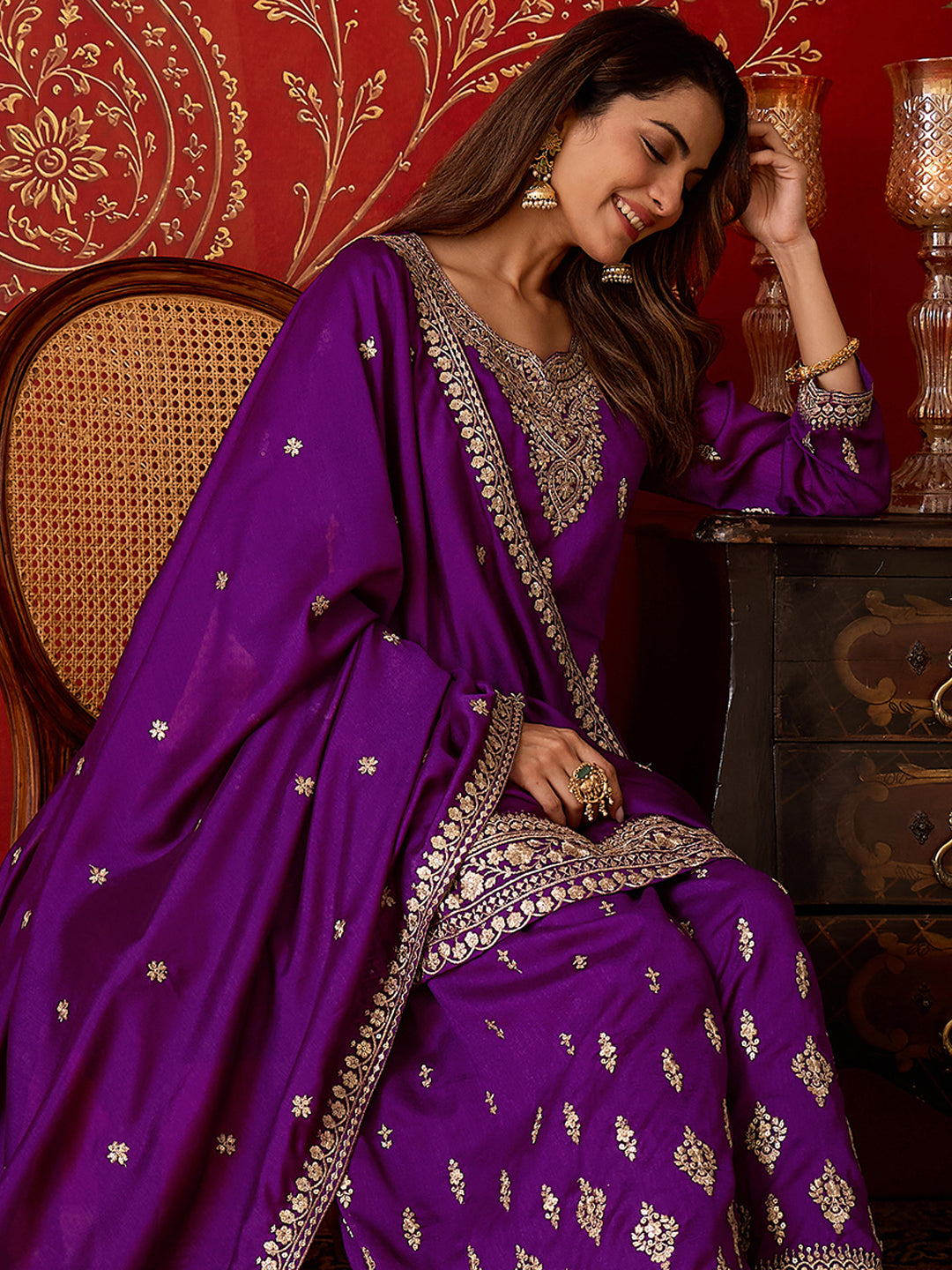 Janasya Women's Purple Silk Blend Floral Zari Embroidered Straight Kurta and Sharara Set with Dupatta