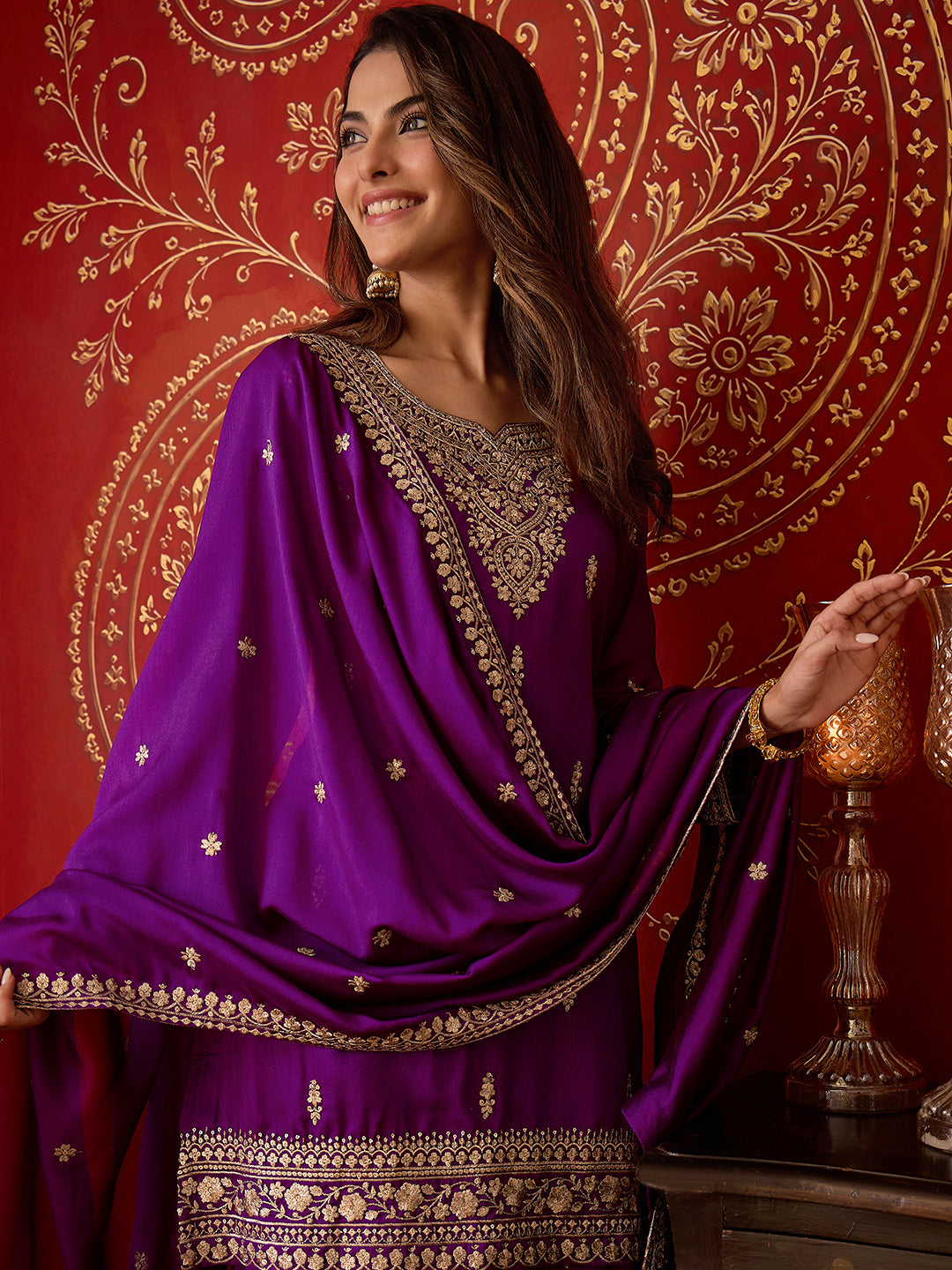 Janasya Women's Purple Silk Blend Floral Zari Embroidered Straight Kurta and Sharara Set with Dupatta