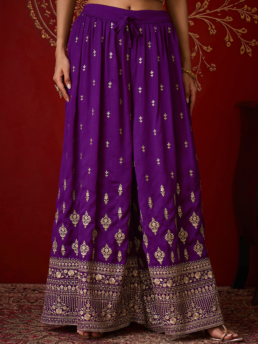 Janasya Women's Purple Silk Blend Floral Zari Embroidered Straight Kurta and Sharara Set with Dupatta