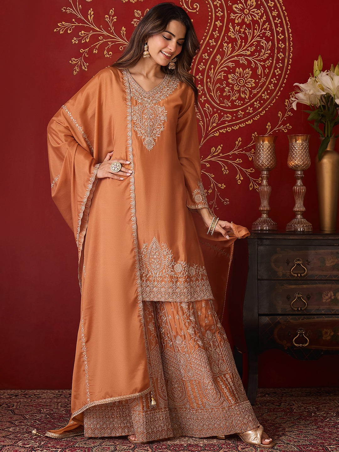 Janasya Women's Orange Silk Blend Floral Zari Embroidered Straight Kurta and Sharara Set with Dupatta