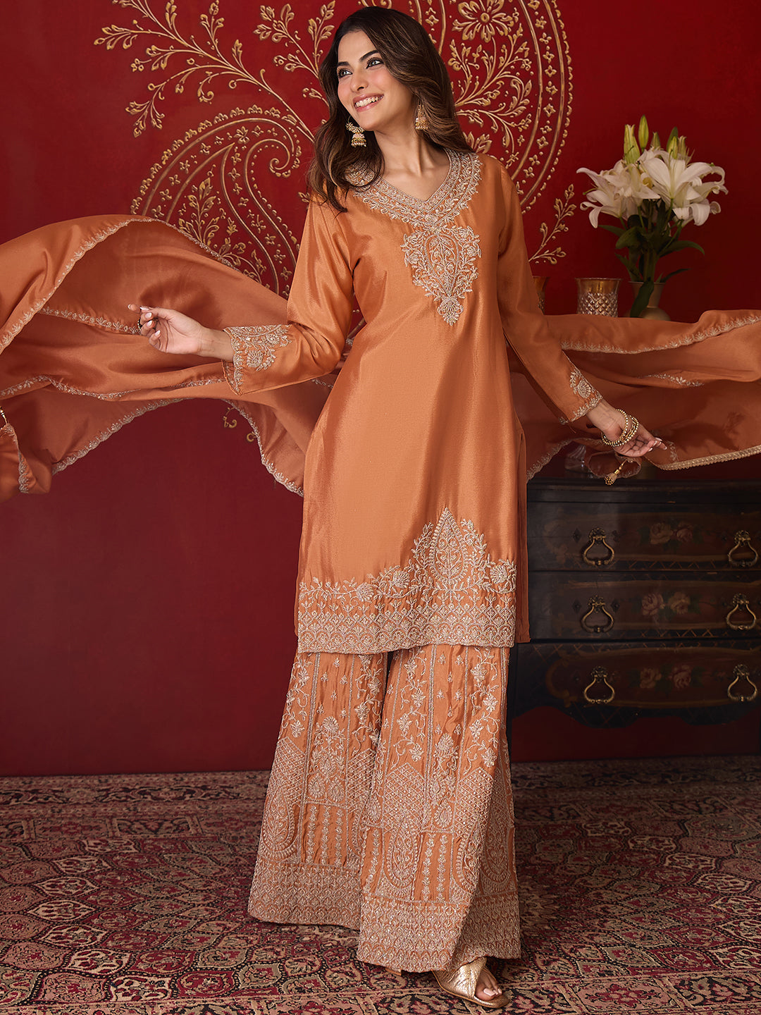 Janasya Women's Orange Silk Blend Floral Zari Embroidered Straight Kurta and Sharara Set with Dupatta