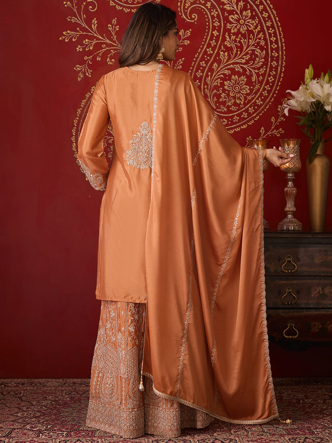 Janasya Women's Orange Silk Blend Floral Zari Embroidered Straight Kurta and Sharara Set with Dupatta