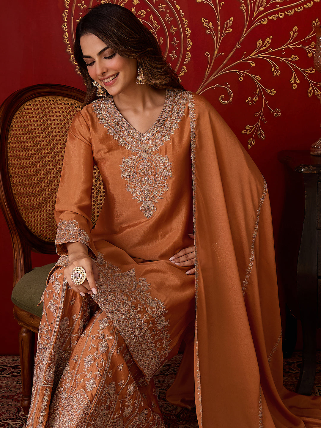 Janasya Women's Orange Silk Blend Floral Zari Embroidered Straight Kurta and Sharara Set with Dupatta