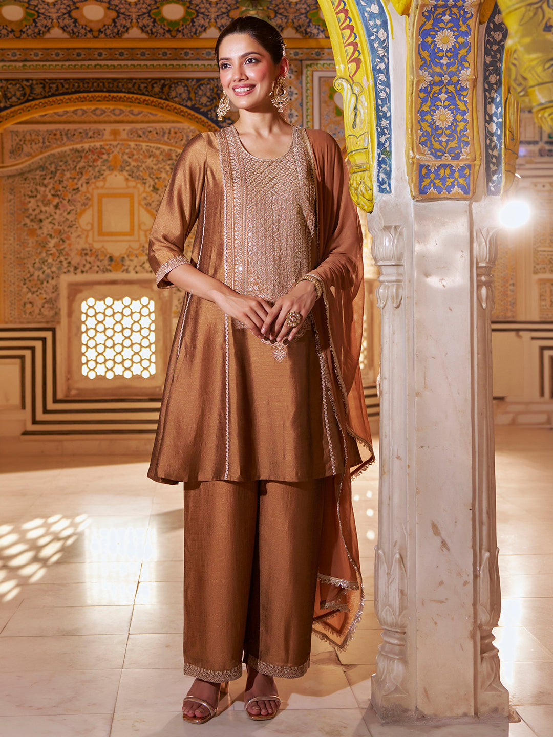 Janasya Women's Bronze Silk Blend Sequins Zari Embroidered A-Line Kurta Set