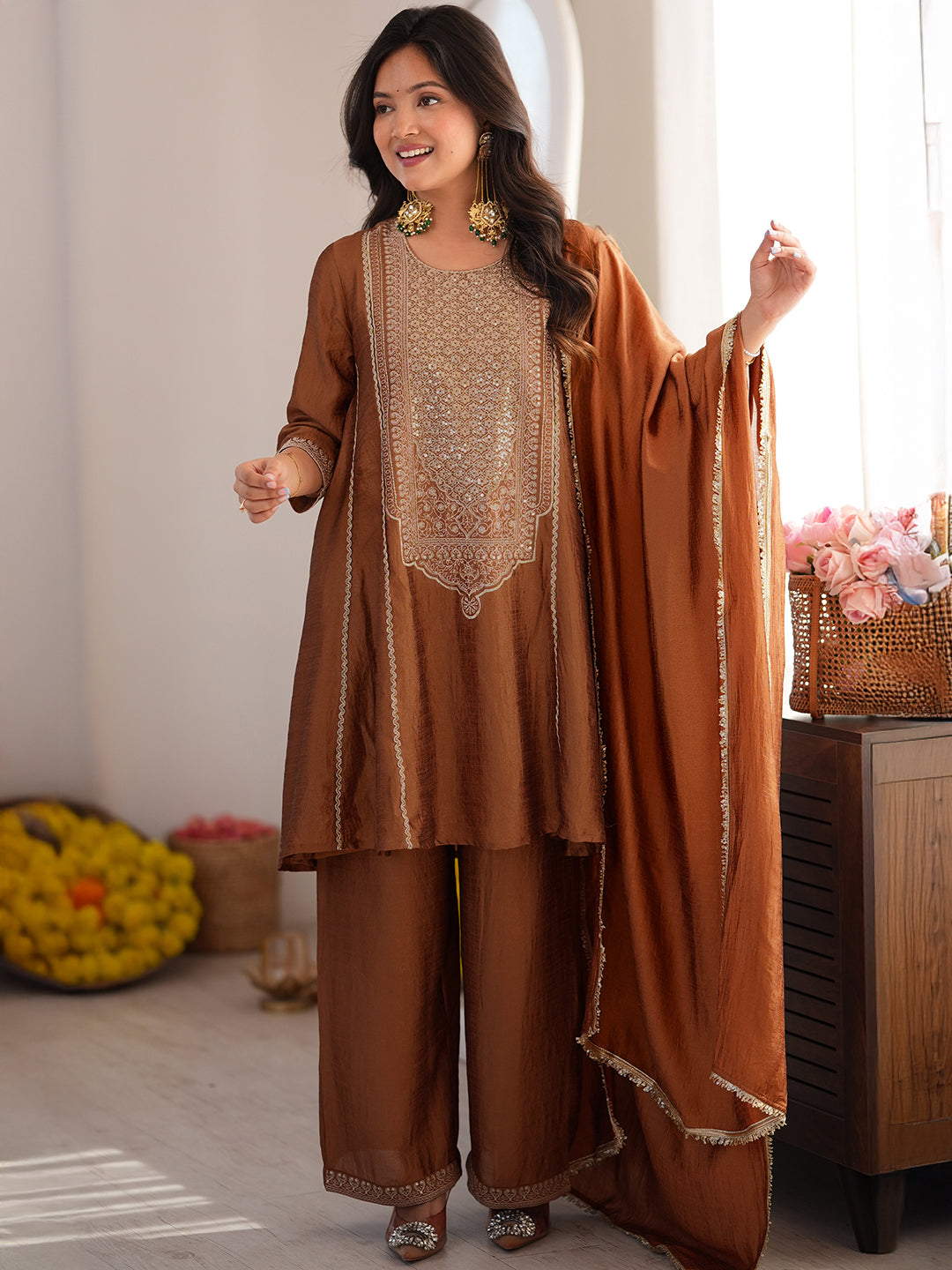 Janasya Women's Bronze Silk Blend Sequins Zari Embroidered A-Line Kurta Set