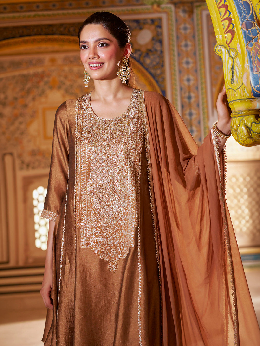 Janasya Women's Bronze Silk Blend Sequins Zari Embroidered A-Line Kurta Set